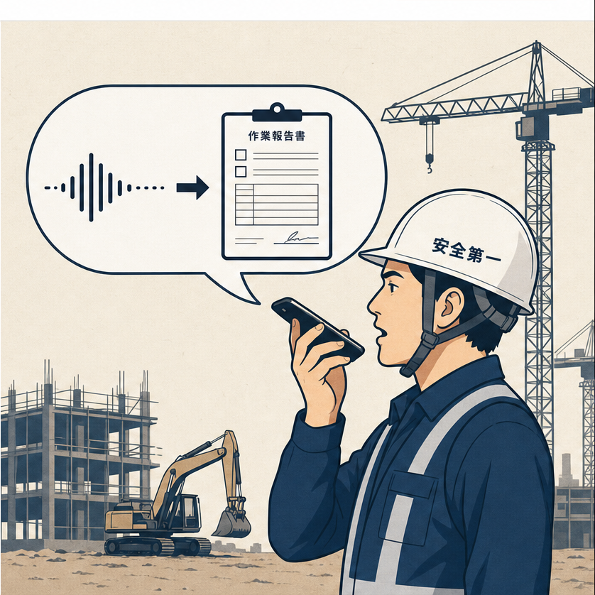 現場監督がスマートフォンに話しかけると、音声が作業報告書に変わるイラスト